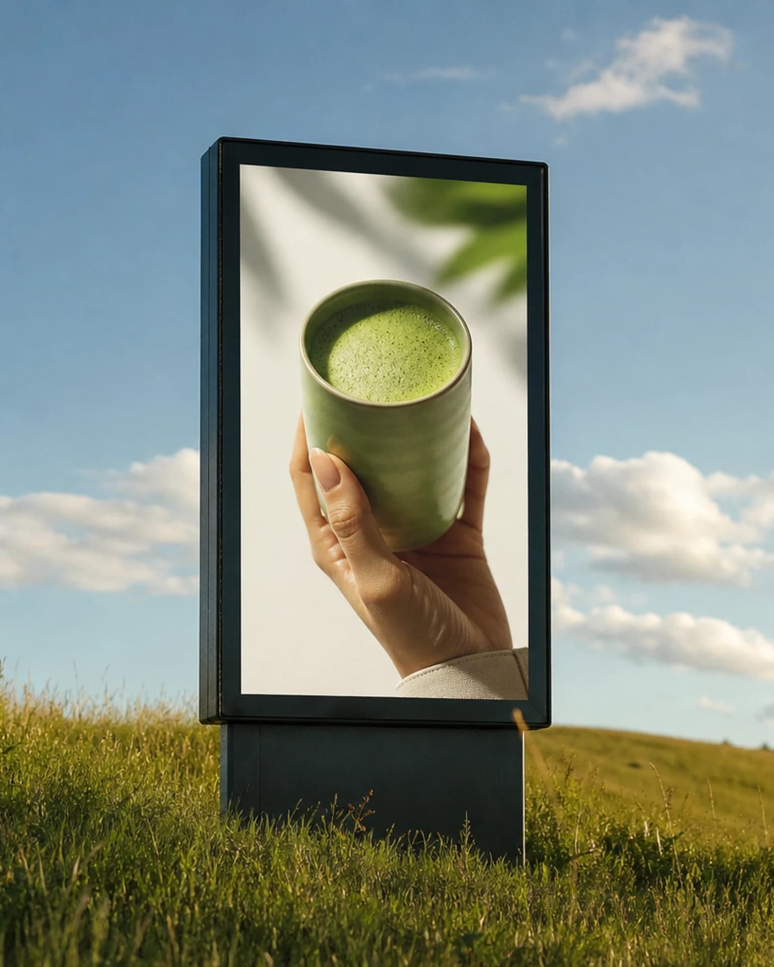 Editorial-Szene mit vertikaler Werbetafel auf grasigem Hügel unter blauem Himmel, Display zeigt Matcha-Werbung mit Hand und Becher